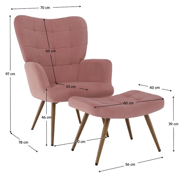 KONDELA Fotoliu cu suport pentru picioare, ţesătură Velvet roz/stejar, HABEN