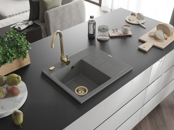 Mexen Ben, chiuvetă granit cu 1 cameră 600x500x190 mm, stânga + sifon auriu, gri, 6522605000-71-G