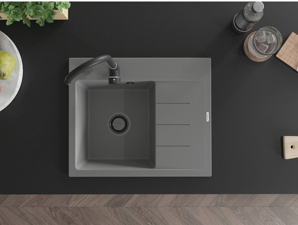 Mexen Ben, chiuvetă granit cu 1 cameră 600x500x190 mm, stânga + sifon negru, gri, 6522605000-71-B