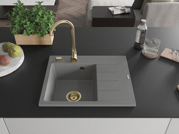 Mexen Ben, chiuvetă granit cu 1 cameră 600x500x190 mm, stânga + sifon auriu, gri, 6522605000-71-G
