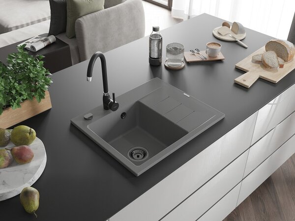 Mexen Ben, chiuvetă granit cu 1 cameră 600x500x190 mm, stânga + sifon negru, gri, 6522605000-71-B