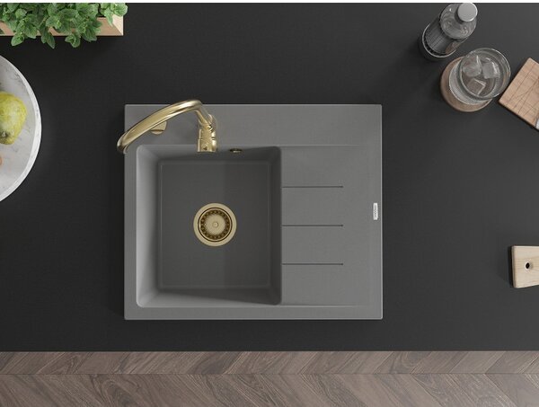Mexen Ben, chiuvetă granit cu 1 cameră 600x500x190 mm, stânga + sifon auriu, gri, 6522605000-71-G
