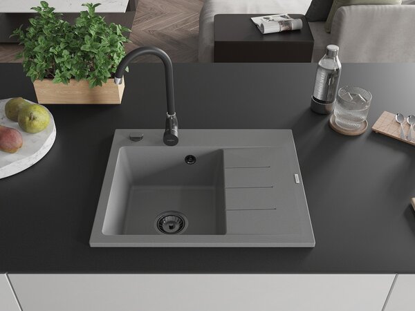 Mexen Ben, chiuvetă granit cu 1 cameră 600x500x190 mm, stânga + sifon negru, gri, 6522605000-71-B