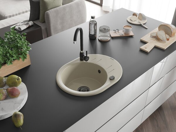 Mexen Kevin, chiuveta granit 586x458x190 mm, 1 camera, bej cu sifon negru, 6517581005-69-B