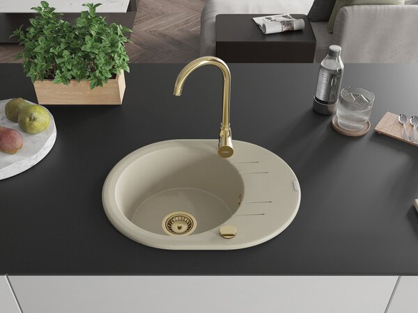 Mexen Kevin, chiuveta granit 586x458x190 mm, 1 camera, bej cu sifon auriu, 6517581005-69-G
