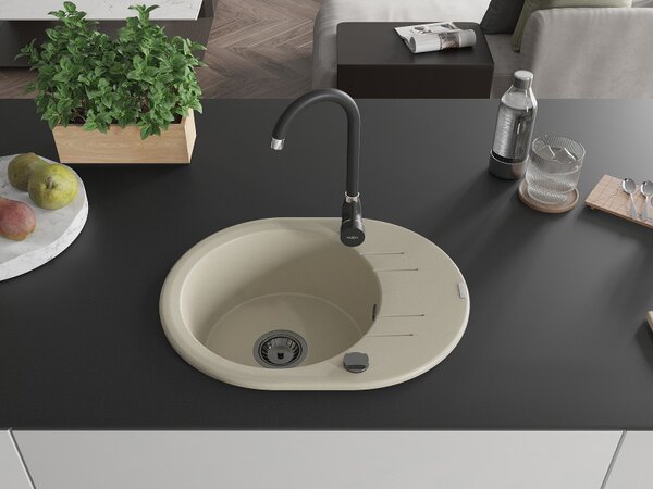 Mexen Kevin, chiuveta granit 586x458x190 mm, 1 camera, bej cu sifon negru, 6517581005-69-B