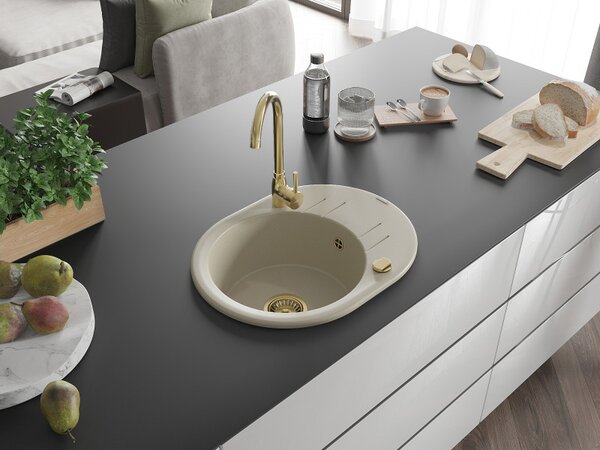 Mexen Kevin, chiuveta granit 586x458x190 mm, 1 camera, bej cu sifon auriu, 6517581005-69-G