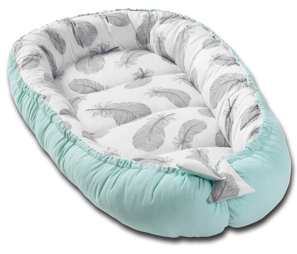 Cosulet bebelus pentru dormit Kidizi Baby Nest Cocoon 90x50 cm Mint Feathers