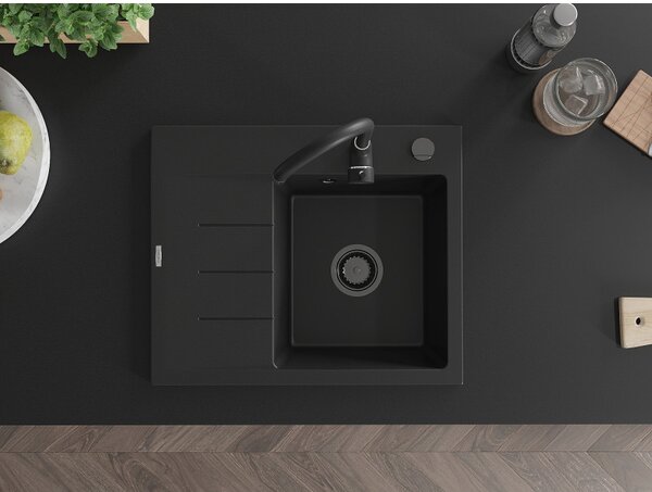 Mexen Ben, chiuvetă granit cu 1 cameră 600x500x190 mm, dreapta + sifon negru, negru, 6523605000-77-B