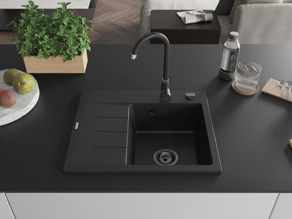 Mexen Ben, chiuvetă granit cu 1 cameră 600x500x190 mm, dreapta + sifon negru, negru, 6523605000-77-B