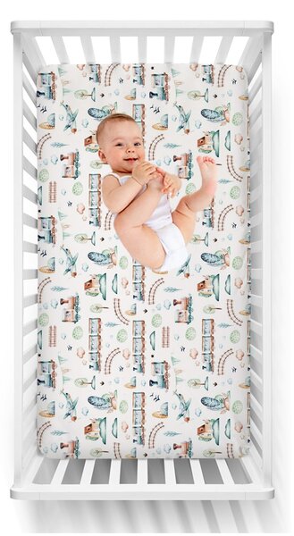 Set 2 cearceafuri din bumbac cu elastic roata pentru patut 120x60 cm Kidizi Choo Choo White