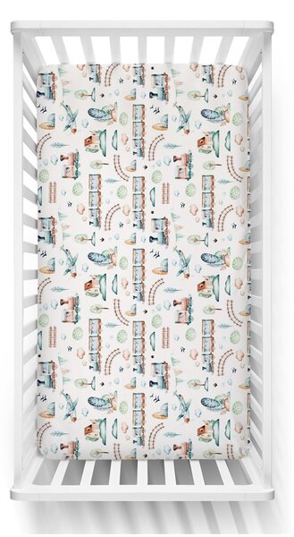 Set 2 cearceafuri din bumbac cu elastic roata pentru patut 120x60 cm Kidizi Choo Choo White