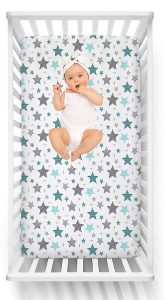 Cearceaf din bumbac cu elastic roata pentru patut 120x60 cm Kidizi All Mint Stars