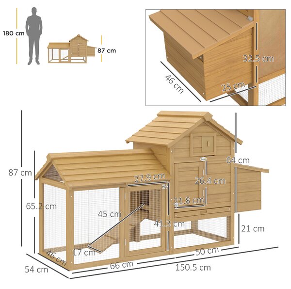 PawHut Coteț Prefabricat din Lemn pentru 2 Găini cu Gard pentru Grădină 150.5 x 54 x 87cm | Aosom Romania