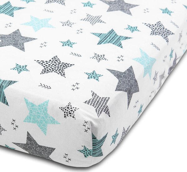 Cearceaf din bumbac cu elastic roata pentru patut 120x60 cm Kidizi All Mint Stars