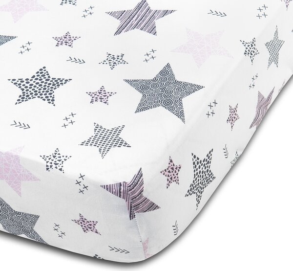 Cearceaf din bumbac cu elastic roata pentru patut 120x60 cm Kidizi All Pink Stars
