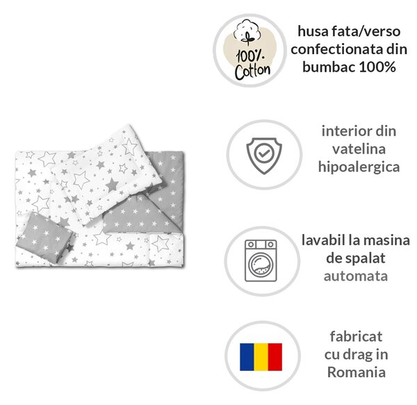 Set lenjerie 3 piese din bumbac Kidizi Galaxy Grey, perna bebelus, plapumioara si cearceaf