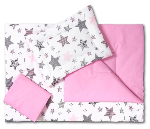 Set lenjerie 5 piese din bumbac Kidizi Pink Stars, perna bebelus, plapumioara, aparatoare si cearceaf