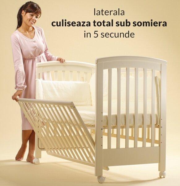 Patut co-sleeping 120x60 cu laterala culisanta total si roti Treppy Dreamy Plus, integral din lemn masiv fag, reglabil pe 5 nivele, include sistem de ancorare, certificat TUV, EN716-1, EN716-2, culoare alb