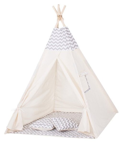 Cort copii stil indian Teepee Tent ZigZag Grey, include covoras gros si 2 perne, stabilizator cadou