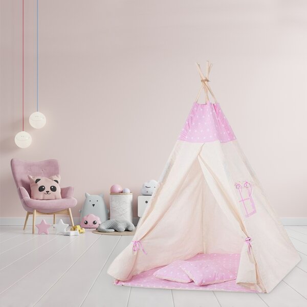 Cort copii stil indian Teepee Tent Pink Stars, include salteluta si 2 pernute, stabilizator cadou