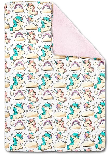 Paturica dubla pufoasa cu doua fete 100x78 cm Kidizi Fluffy Pink Beige Unicorn