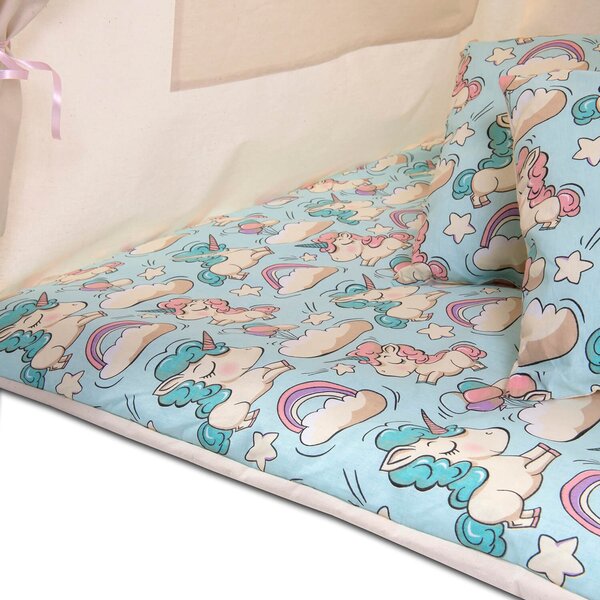 Cort copii stil indian Teepee Tent Kidizi Mint Unicorn, include covoras gros si 2 perne, stabilizator cadou