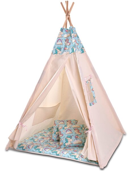 Cort copii stil indian Teepee Tent Kidizi Mint Unicorn, include covoras gros si 2 perne, stabilizator cadou