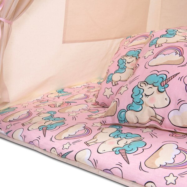 Cort copii stil indian Teepee Tent Kidizi Pink Unicorn, include covoras gros si 2 perne, stabilizator cadou