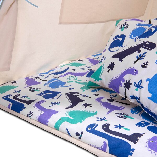 Cort copii stil indian Teepee Tent Kidizi Blue Dino, include covoras gros si 2 perne, stabilizator cadou