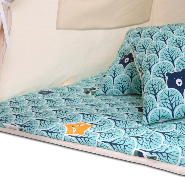 Cort copii stil indian Teepee Tent Kidizi Animals Mint, include covoras gros si 2 perne, stabilizator cadou