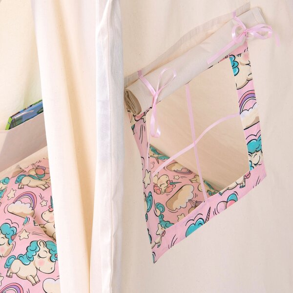 Cort copii stil indian Teepee Tent Kidizi Pink Unicorn, include covoras gros si 2 perne, stabilizator cadou