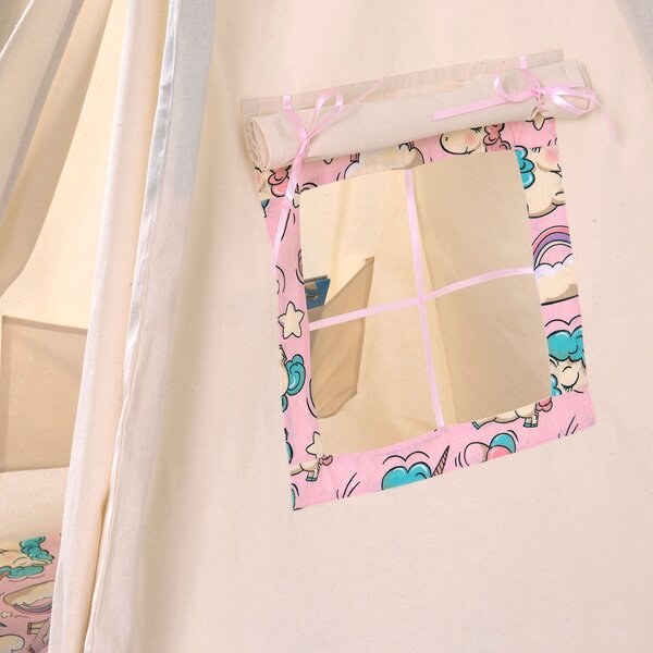 Cort copii stil indian Teepee Tent Kidizi Pink Unicorn, include covoras gros si 2 perne, stabilizator cadou