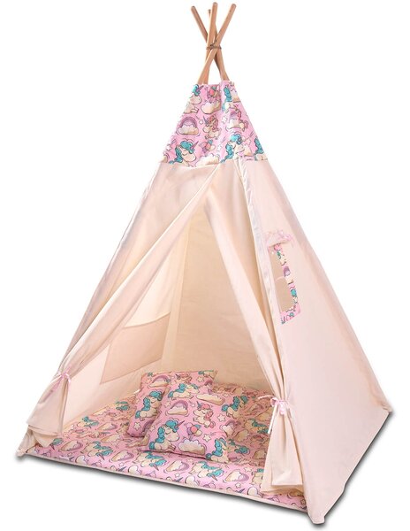 Cort copii stil indian Teepee Tent Kidizi Pink Unicorn, include covoras gros si 2 perne, stabilizator cadou