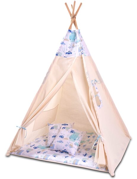 Cort copii stil indian Teepee Tent Kidizi Busy City, include covoras gros si 2 perne, stabilizator cadou