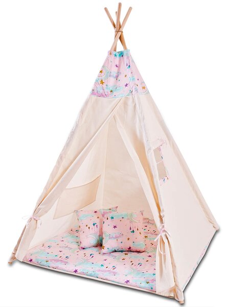 Cort copii stil indian Teepee Tent Kidizi Pink Moon, include covoras gros si 2 perne, stabilizator cadou