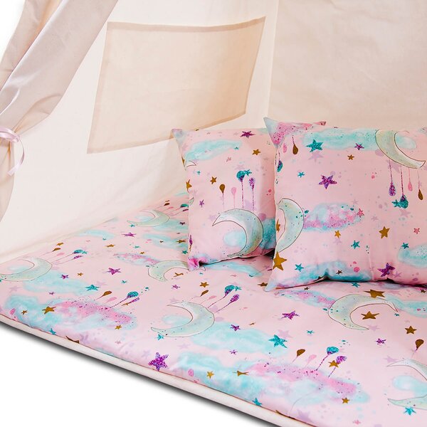 Cort copii stil indian Teepee Tent Kidizi Pink Moon, include covoras gros si 2 perne, stabilizator cadou