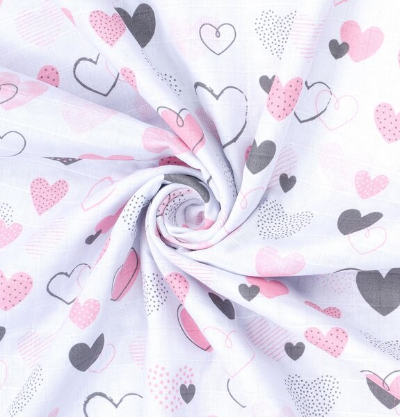 Sac de dormit copii de vara din muselina Kidizi Pink Hearts 75 cm, 100% bumbac, 0-9 luni