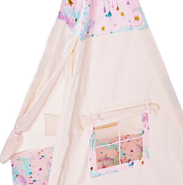 Cort copii stil indian Teepee Tent Kidizi Pink Moon, include covoras gros si 2 perne, stabilizator cadou
