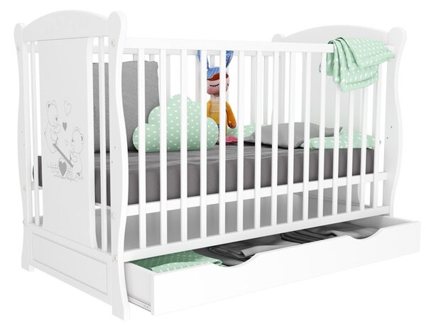 Patut din lemn masiv 2 in 1 Maya alb cu sertar, include saltea cocos LUX 120x60x9 cm