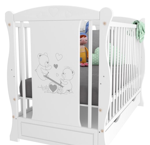 Patut din lemn masiv 2 in 1 Maya alb cu sertar, include saltea cocos LUX 120x60x9 cm