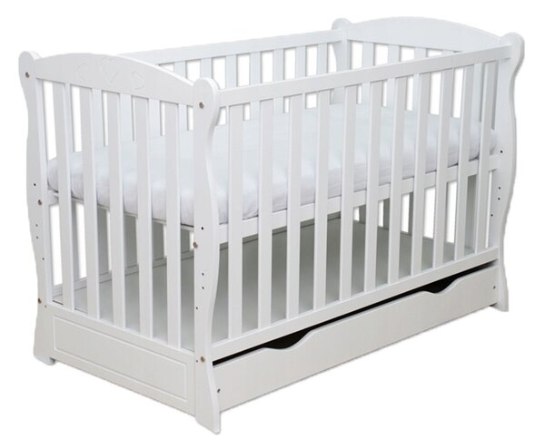 Patut din lemn masiv 120x60 cm Bethany alb cu sertar, include saltea cocos LUX 120x60x9 cm