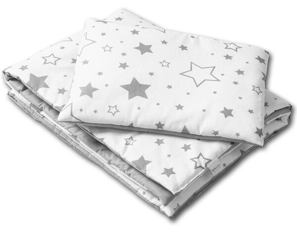 Set lenjerie 3 piese din bumbac Kidizi Galaxy Grey, perna bebelus, plapumioara si cearceaf