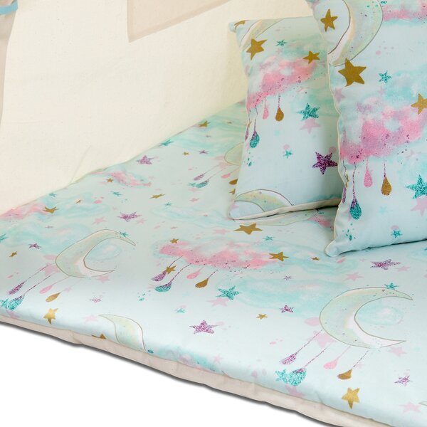 Cort copii stil indian Teepee Tent Kidizi Blue Moon, include covoras gros si 2 perne, stabilizator cadou