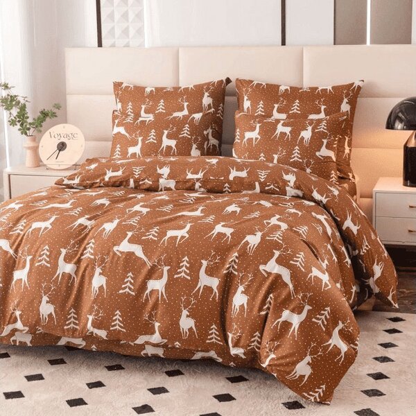 Set lenjerie de pat din microfibră WHITE DEER maro + cearșaf JERSEY alb