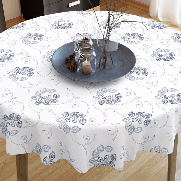 Goldea față de masă 100% bumbac - ornamente florale albastru închis pe alb - rotundă Ø 120 cm
