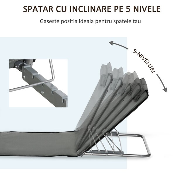 Outsunny Set 2 Saltele de Plaja Pliabile cu Spatar Reglabil pe 5 Niveluri, Saltele de Plaja cu Tetiera si Geanta de Transport, Gri