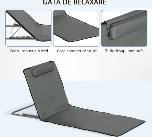 Outsunny Set 2 Saltele de Plaja Pliabile cu Spatar Reglabil pe 5 Niveluri, Saltele de Plaja cu Tetiera si Geanta de Transport, Gri