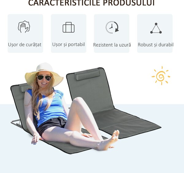 Outsunny Set 2 Saltele de Plaja Pliabile cu Spatar Reglabil pe 5 Niveluri, Saltele de Plaja cu Tetiera si Geanta de Transport, Gri