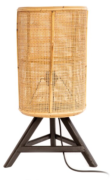 Lampa de masa din ratan tesut fin si lemn de tec, natural, diametru 26 cm, inaltime totala 60 cm